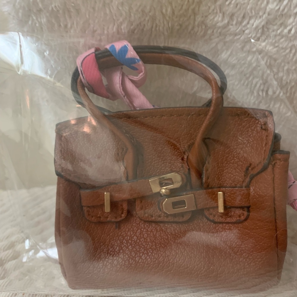 BAG CHARM Brown Leather Top-Handle Women's with Pink Scarf Accent
